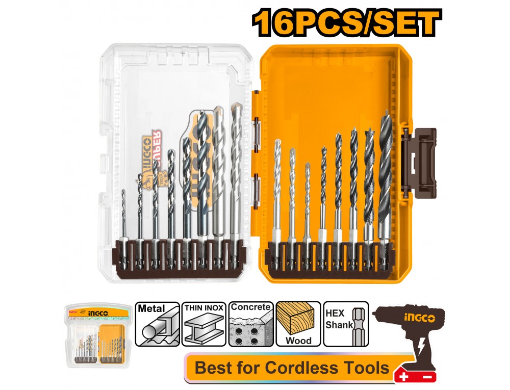 Набір свердел по металу, багатофункціональних свердел, свердел по дереву 16 од. INGCO